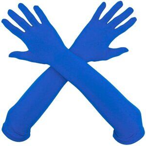 Women's Elbow Length Full Finger Satin Blue Gloves Stretchy Party Costume